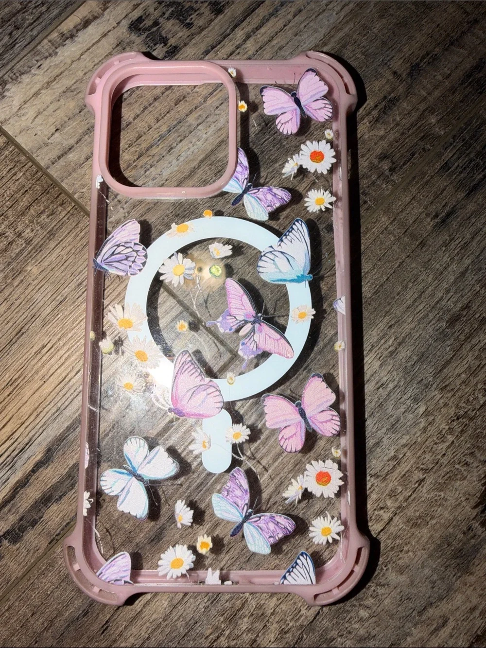 Pink Butterfly Clear Phone Case with Daisy Design